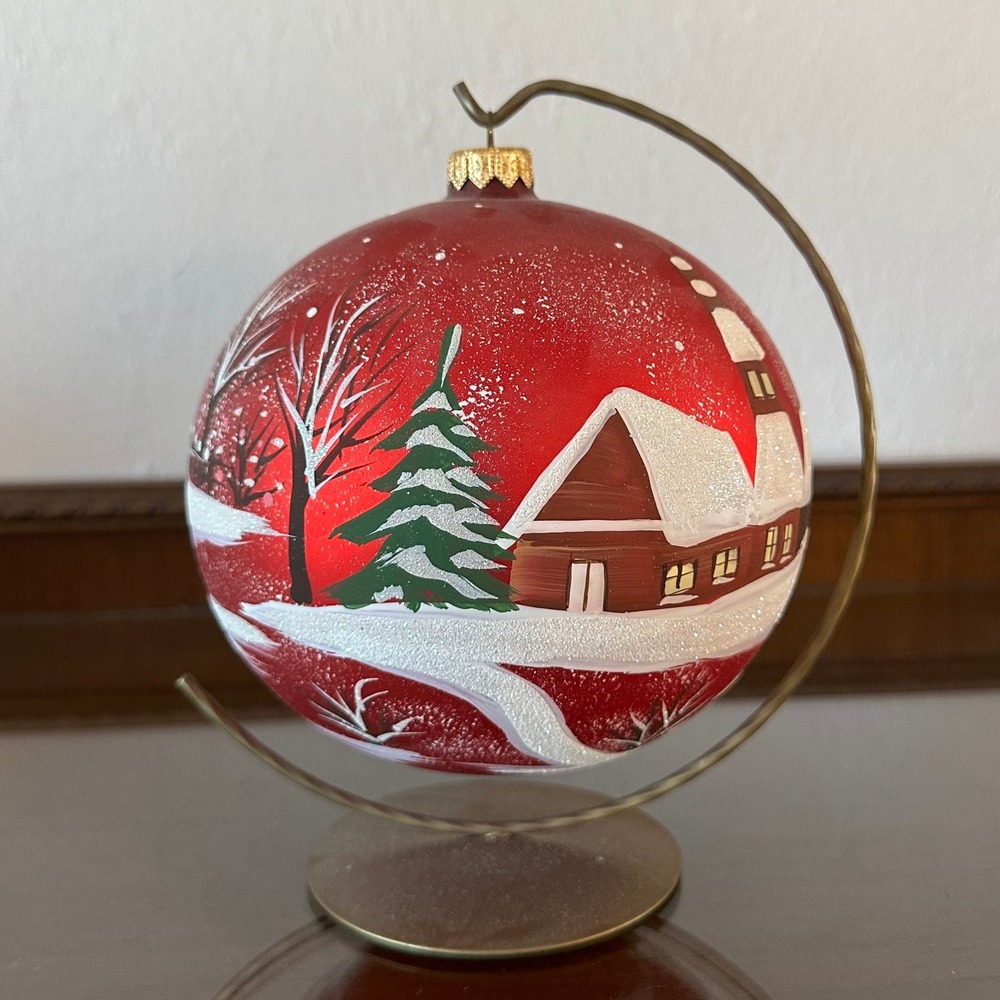 Hand Painted Red Glass Christmas Ornament Snow Cottage Winter Scene w/ Stand 6in